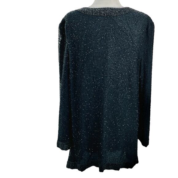 Vintage Black 100% Silk Beaded Collarless Long Sleeves Lined Jacket Size M/L - Picture 2 of 12